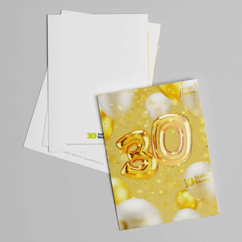 Staffel Medien AG 30 Jahre Jubiläumskarte A5 mit teillackierter Oberfläche