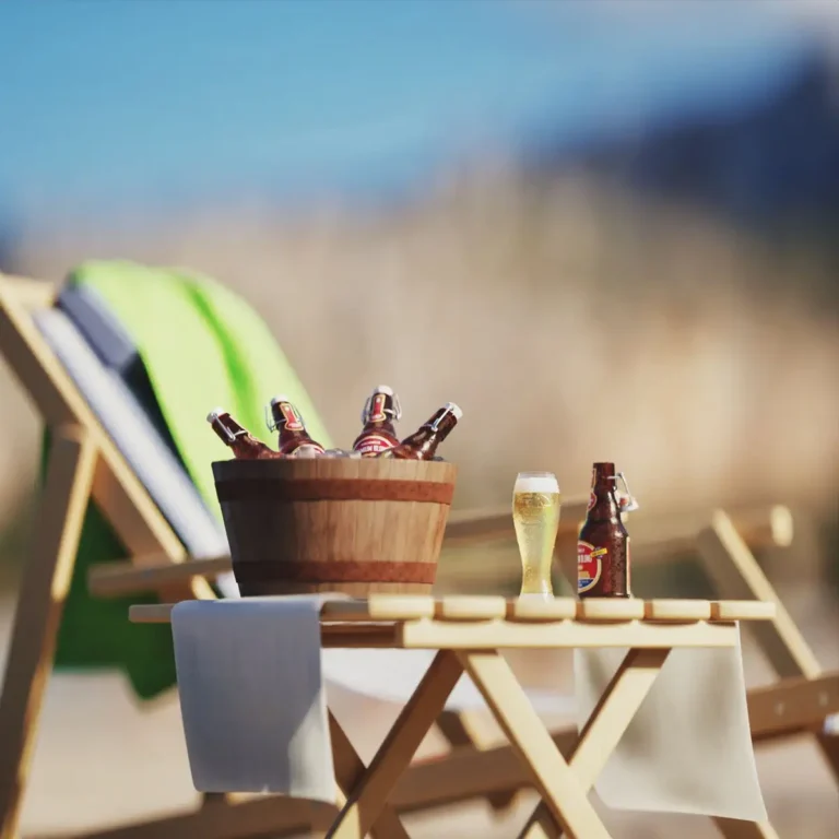 3D-Visualisierung Beispiel: Bier und Glas auf Liegestuhl. Digital erstellt: